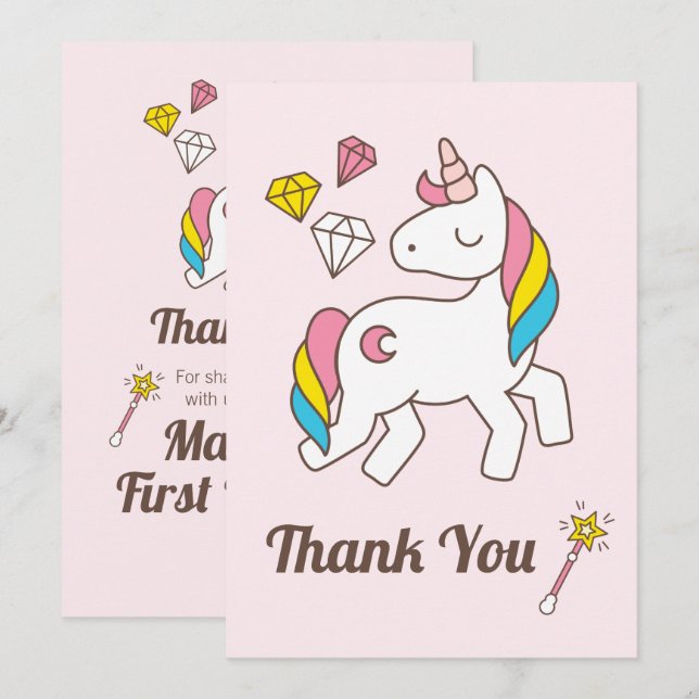 Cute Unicorn med Cute Trollspö & Diamonds.Tack Inbjudningar (Fram/baksida)