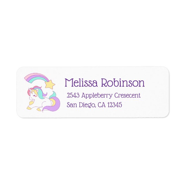 Cute Unicorn med färgstark stöttstjärna Returadress Etikett (Framsidan)