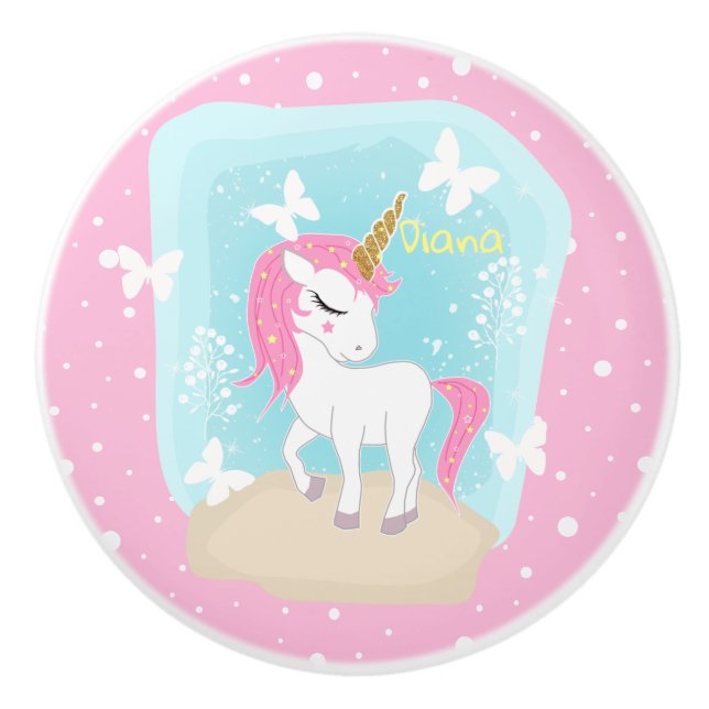 Cute Unicorn med fjärilar. Knopp (Framsidan)