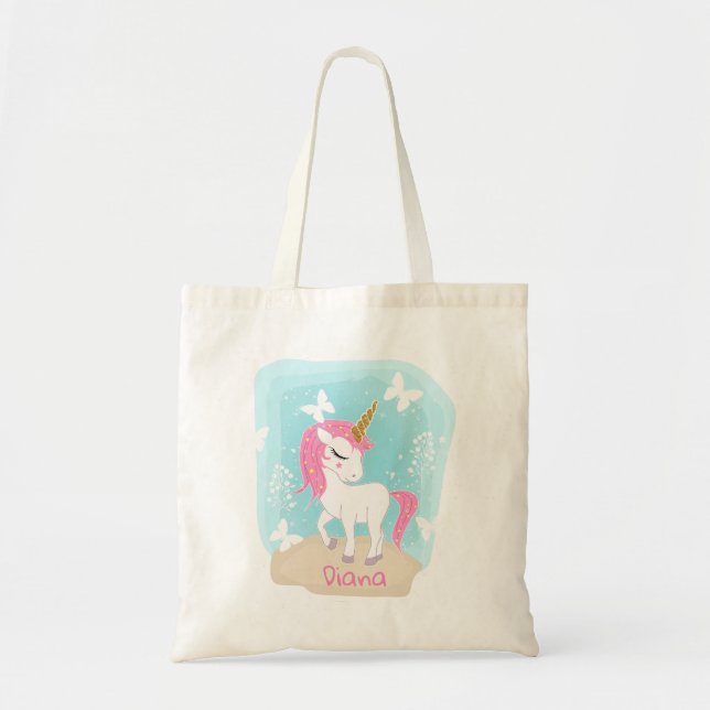 Cute Unicorn med fjärilar. Tygkasse (Framsidan)
