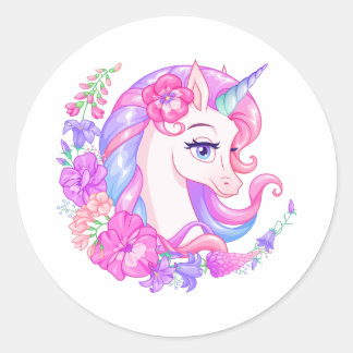 Cute Unicorn med Flowers Classic Round Sticker Runt Klistermärke