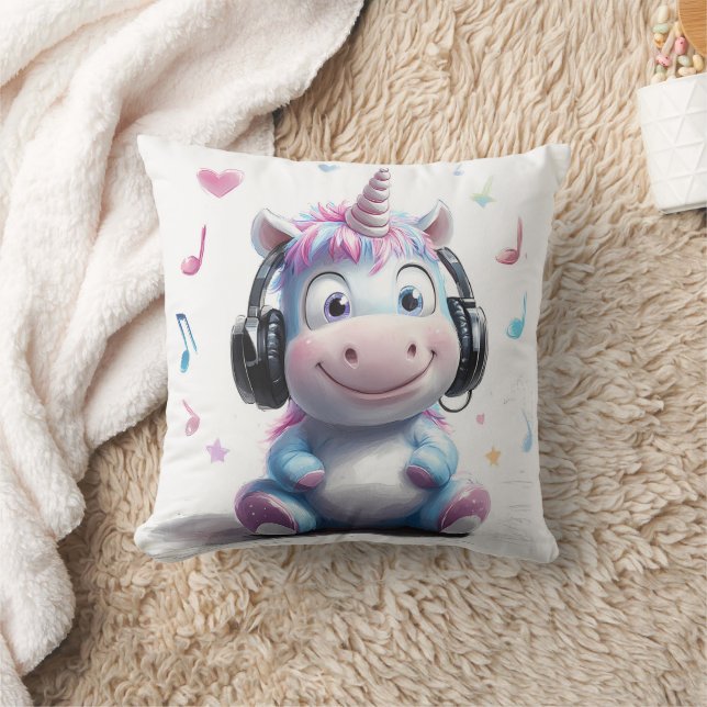 Cute Unicorn med hörlurar Dekorativ kudde (Filt)