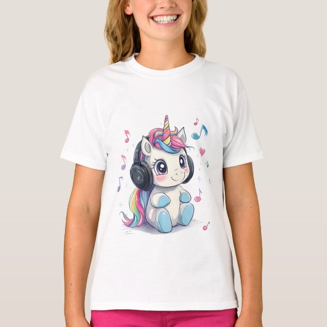 Cute Unicorn med hörlurar T-Shirt (Framsida)