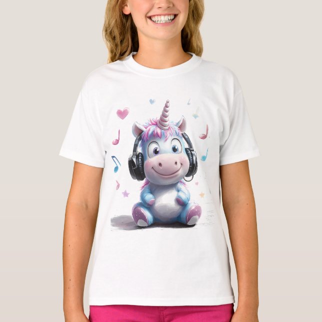 Cute Unicorn med hörlurar T-Shirt (Framsida)
