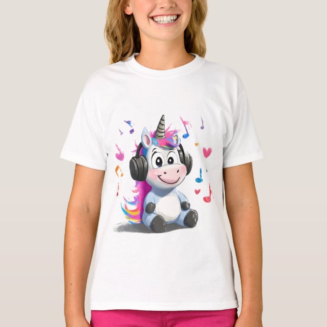 Cute Unicorn med hörlurar T-Shirt (Framsida)