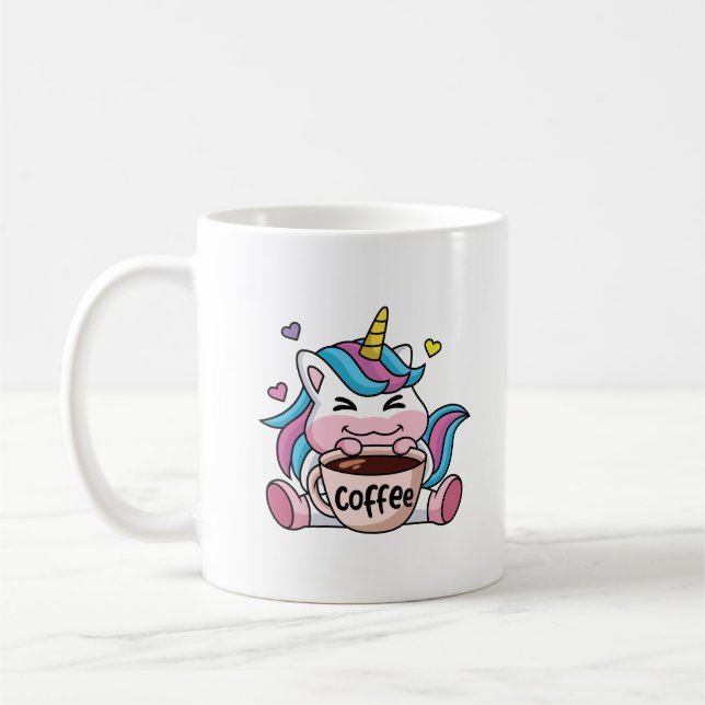 Cute Unicorn med kaffe Kaffemugg (Vänster)