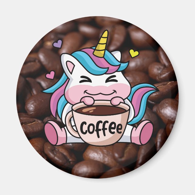Cute Unicorn med kaffe Magnet (Framsidan)