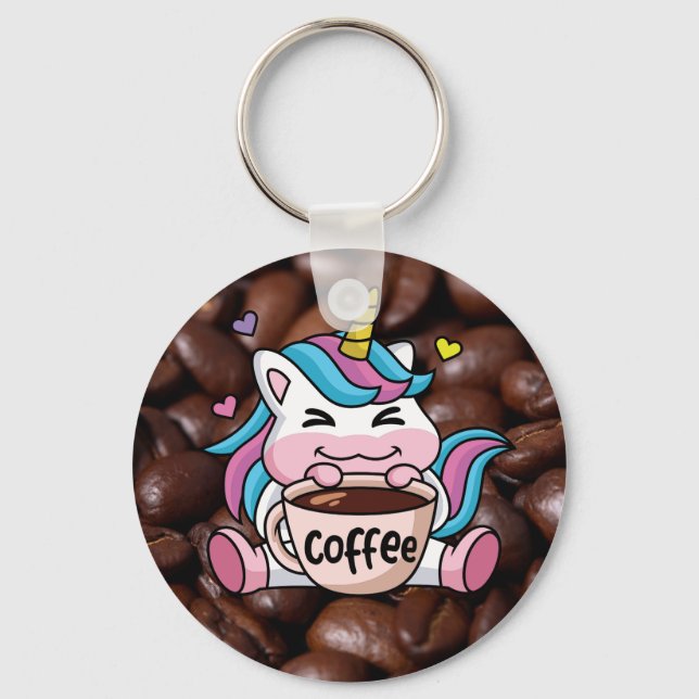 Cute Unicorn med kaffe Nyckelring (Framsida)