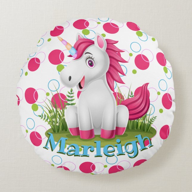 Cute Unicorn med Namn Round Dekorativ kudde (Framsidan)