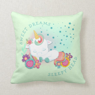 Cute Unicorn Namn Sweet Dreams Sömnig Head Grönt Kudde