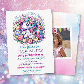 Cute Unicorn och Child's Photo Birthday Inbjudningar