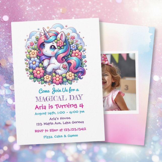 Cute Unicorn och Child's Photo Birthday Inbjudningar (Skapare uppladdad)