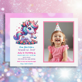 Cute Unicorn och Child's Photo Birthday Inbjudningar
