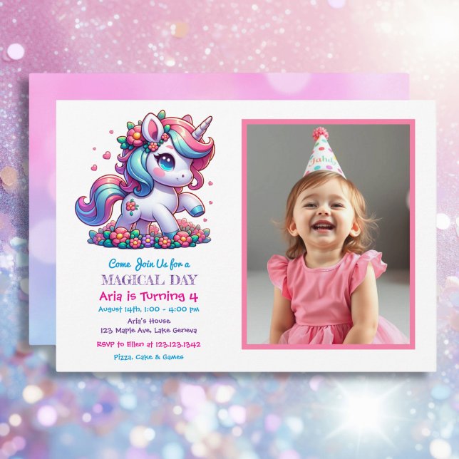 Cute Unicorn och Child's Photo Birthday Inbjudningar (Skapare uppladdad)