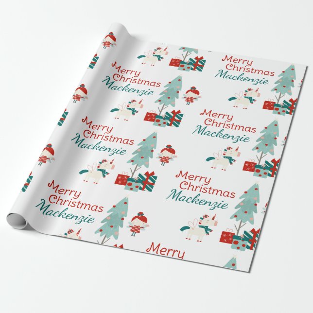 Cute Unicorn och Fairy Custom Name God jul Presentpapper (Utrullad)