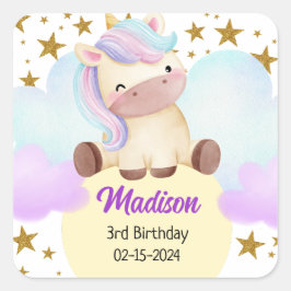 Cute Unicorn och Guld Stars Birthday Fyrkantigt Klistermärke