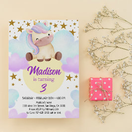 Cute Unicorn och Guld Stars Birthday Inbjudningar