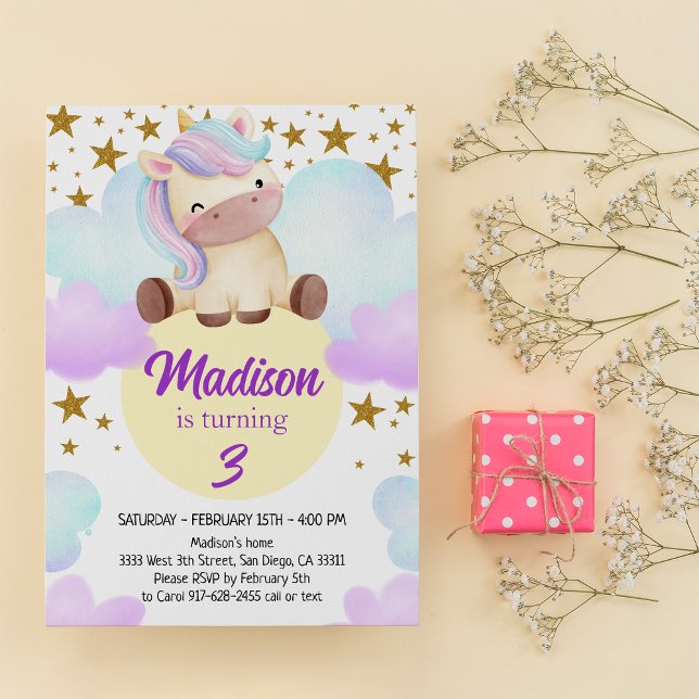 Cute Unicorn och Guld Stars Birthday Inbjudningar (Skapare uppladdad)