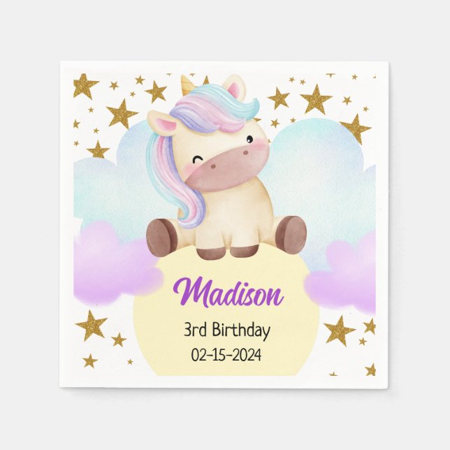 Cute Unicorn och Guld Stars Birthday Pappersservett (Framsidan)