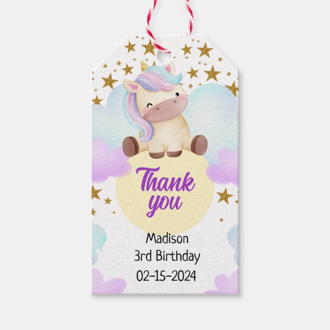 Cute Unicorn och Guld Stars Birthday Presentetikett (Framsidan)