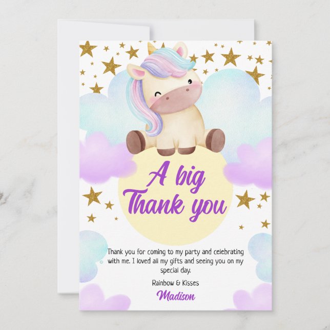 Cute Unicorn och Guld Stars Birthday Tack Kort (Framsida)