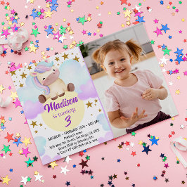 Cute Unicorn och Guld Stars Photo Birthday Inbjudningar