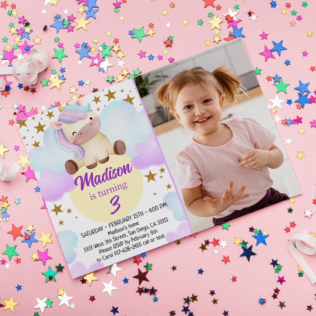 Cute Unicorn och Guld Stars Photo Birthday Inbjudningar (Skapare uppladdad)