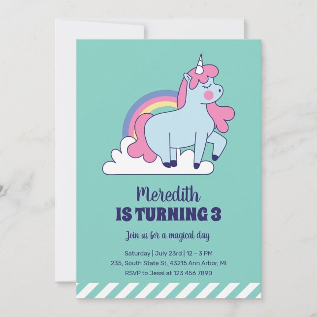 Cute Unicorn och Rainbow Kids Girls Birthday Inbjudningar (Framsida)