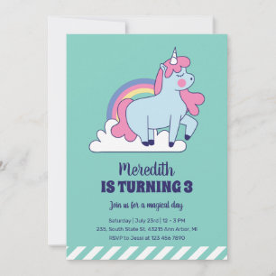 Cute Unicorn och Rainbow Kids Girls Birthday Inbjudningar