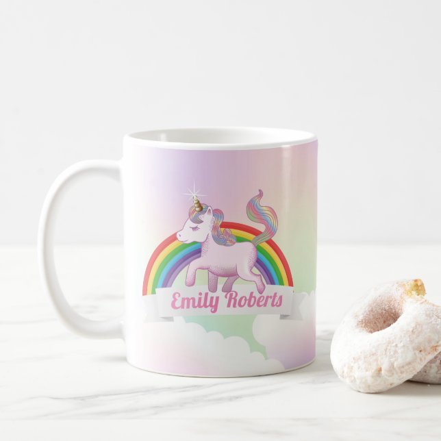 Cute Unicorn och Rainbow Pastel Holographic Kaffemugg (Med munk)