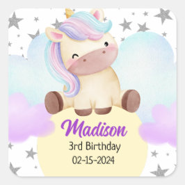 Cute Unicorn och Silver Stars Birthday Fyrkantigt Klistermärke