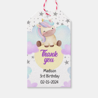 Cute Unicorn och Silver Stars Birthday Presentetikett