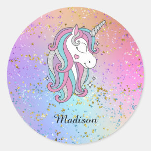 Cute Unicorn Ombre Rainbow Glitter Gnistra Runt Klistermärke