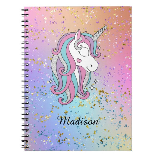 Cute Unicorn Ombre Rainbow Glitter Gnistra Spiral Anteckningsbok (Framsidan)