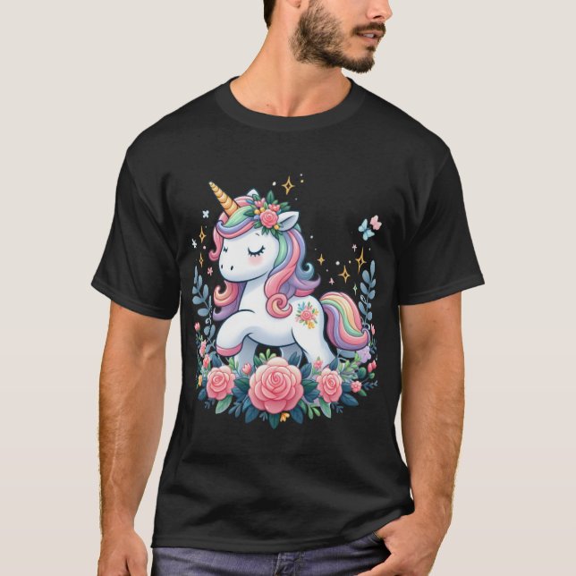 Cute Unicorn on Flowers T Shirt (Framsida)