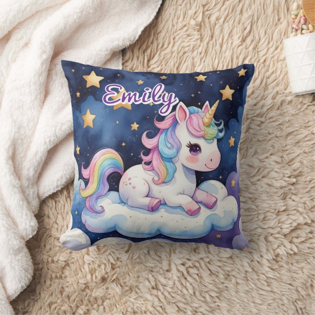 Cute Unicorn på Cloud Editable Namn Pillow Kudde (Filt)