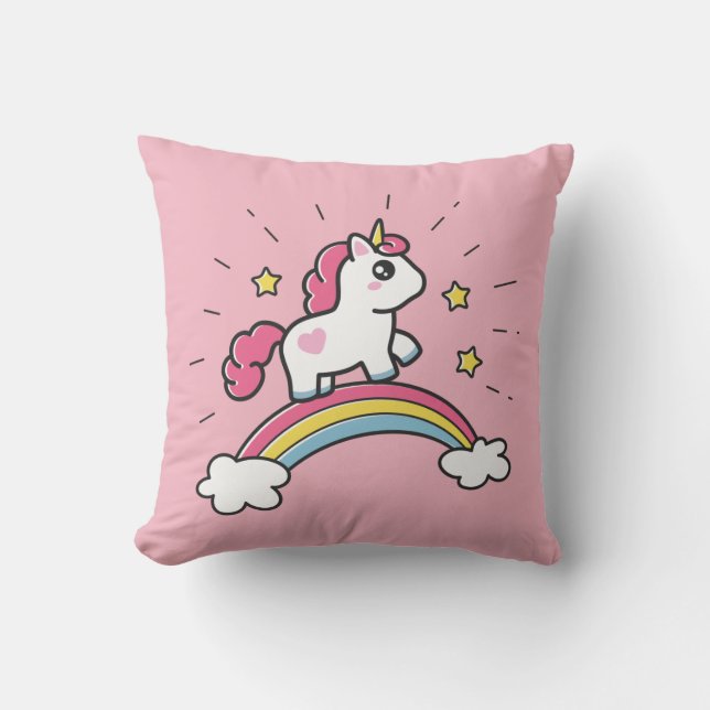 Cute Unicorn på en regnbågsdesign Kudde (Framsida)