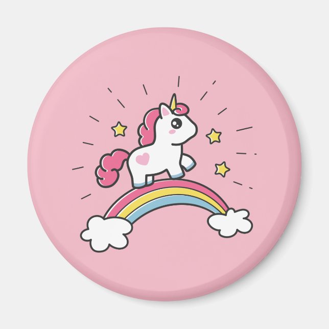 Cute Unicorn på en regnbågsdesign Magnet (Framsidan)