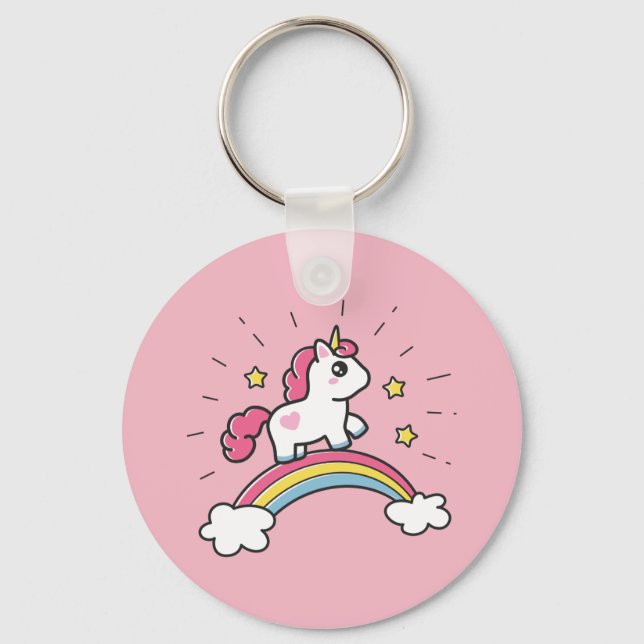 Cute Unicorn på en regnbågsdesign Nyckelring (Framsida)
