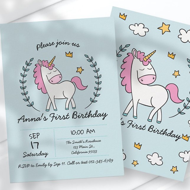 Cute Unicorn på Laurels. Födelsedag Inbjudningar (Skapare uppladdad)