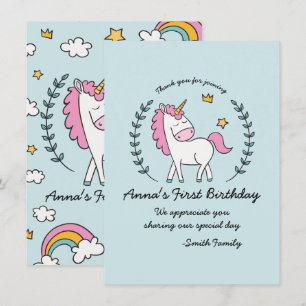 Cute Unicorn på Laurels. Födelsedag. Tack. Inbjudningar