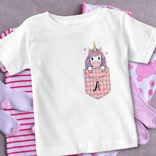 Cute Unicorn Peeking från Pocket med en första T Shirt