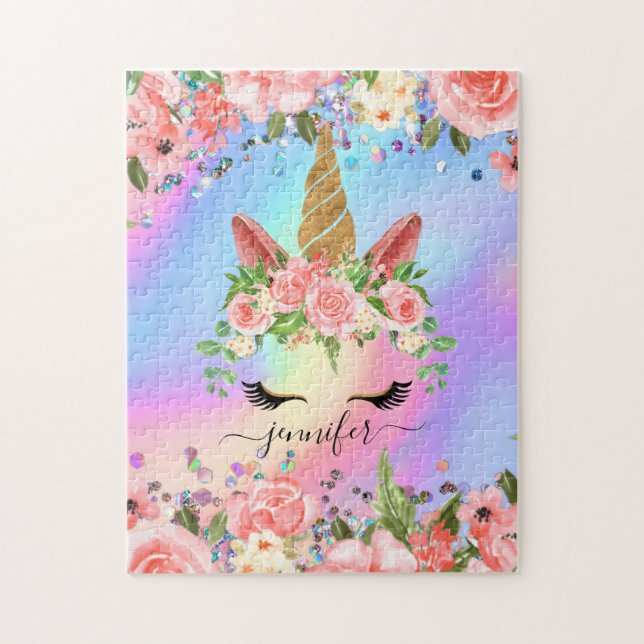 Cute Unicorn Personlig Namn Rainbow Rosa Girly Pussel (Vertikal)