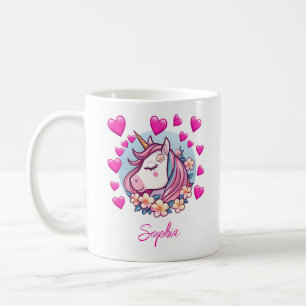 Cute Unicorn, Pink Hearts & Flowers, eget namn Kaffemugg