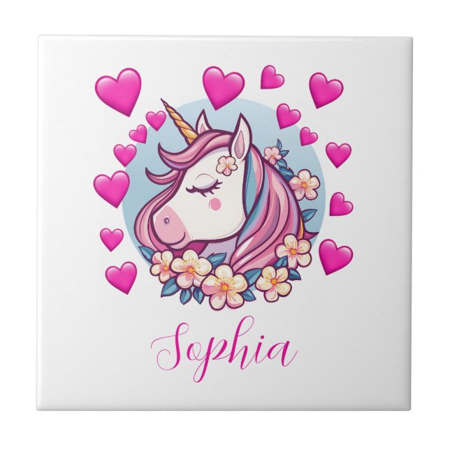 Cute Unicorn, Pink Hearts & Flowers, eget namn Kakelplatta (Framsidan)