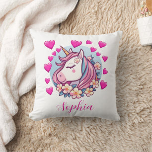 Cute Unicorn, Pink Hearts & Flowers, eget namn Kudde