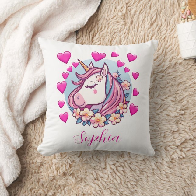 Cute Unicorn, Pink Hearts & Flowers, eget namn Kudde (Filt)