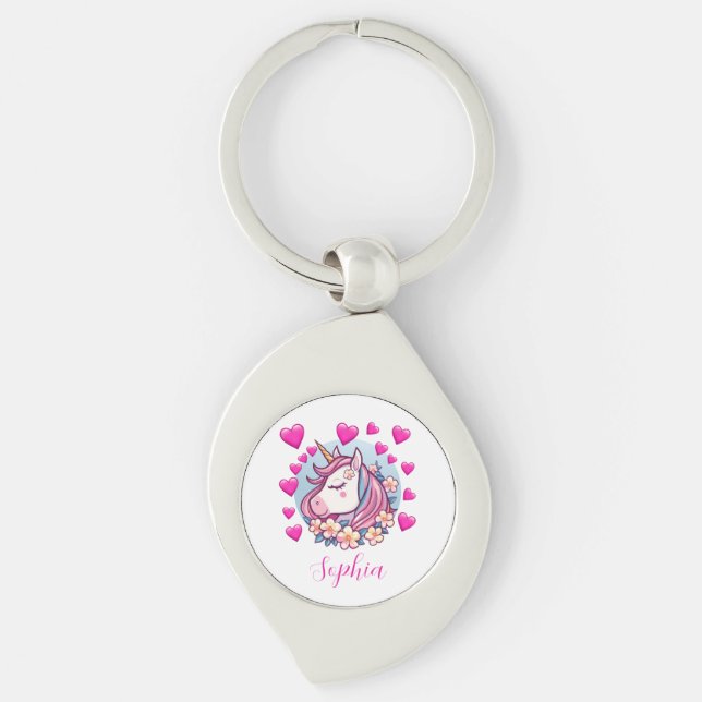 Cute Unicorn, Pink Hearts & Flowers, eget namn Swirl Silverfärgad Nyckelring (Framsidan)