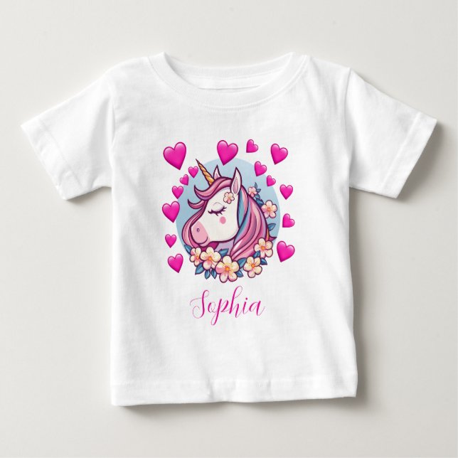 Cute Unicorn, Pink Hearts & Flowers, eget namn T Shirt (Framsida)