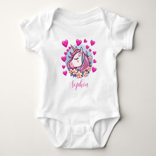 Cute Unicorn, Pink Hearts & Flowers, eget namn T Shirt (Framsida)